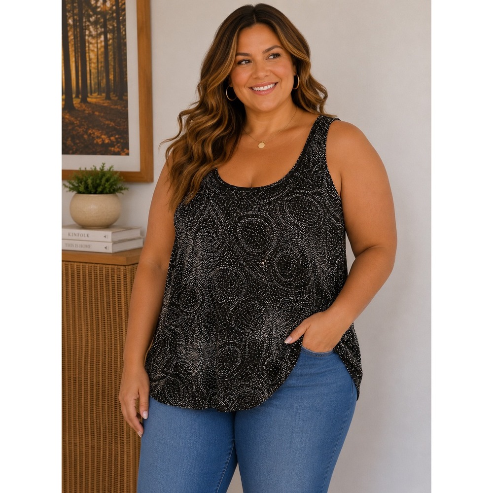Alex Evenings Womens 1X Black Silver Glitter Swirl Scoop Neck Tank Top Blouse